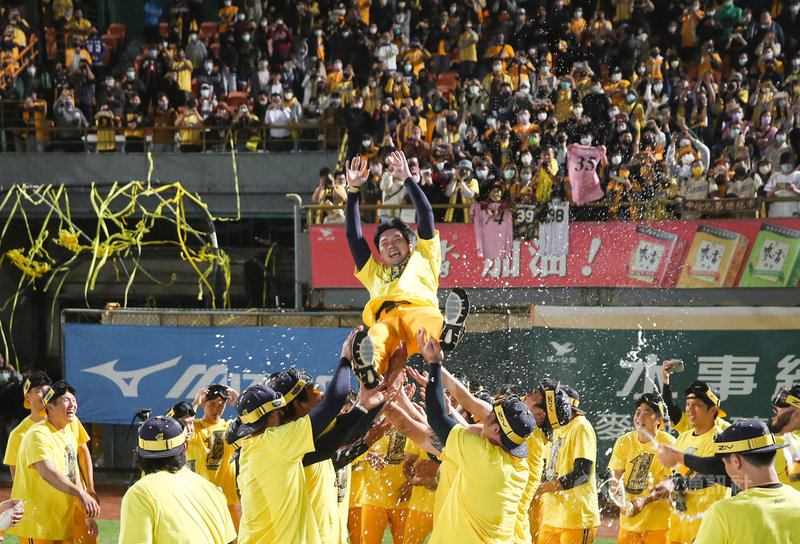 中職中信兄弟總教練林威助執掌兵符首年,就扛下壓力,帶領球隊擺脫「亞軍魔咒」,奪下隊史第8座總冠軍,雖然在系列戰開打前因腸胃感染掛急診,但他堅守崗位,最後順利奪冠。圖為賽後選手將總教練林威助(中)高高拋起慶祝。中央社記者張新偉攝110年12月1日