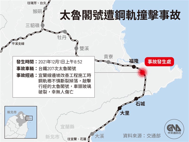 台鐵太魯閣號1日事故發生地點。(中央社製圖)