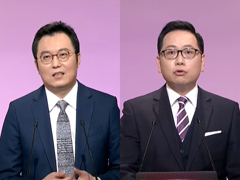 中選會2日舉辦第4場公投意見發表會,公投綁大選案正方代表包正豪(左)與反方代表洪偉勝(右)交鋒。(圖取自台視新聞 YouTube頻道網頁youtube.com)