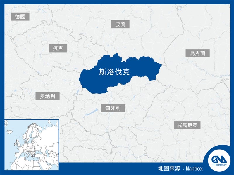 斯洛伐克是中東歐內陸國家,東南鄰烏克蘭,南與匈牙利相連,西接奧地利,西北與捷克相鄰,北與波蘭接壤。(中央社製圖)