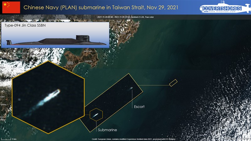 歐洲太空總署衛星哨兵2號衛星顯示，共軍一艘大型核潛艇11月29日穿越台灣海峽。（圖取自Covert Shores網頁hisutton.com）