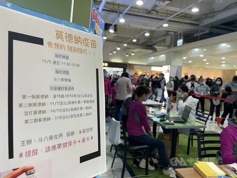 雲林縣衛生局5日與家樂福斗六店首次合作開設莫德納疫苗外展接種站,隨到隨打,吸引許多人前往排隊,不少前來購物的民眾見識其便利性也表態有施打意願。中央社記者姜宜菁攝 110年12月5日
