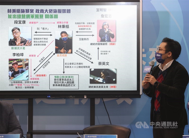國民黨6日舉行「民進黨『東方快車案』燒出國安問題 林秉樞五大疑點金流人脈全揭露」記者會,文傳會副主委林家興(圖)提出疑點,說明民進黨立委高嘉瑜男友林秉樞施暴案牽連出綠營網軍風暴的關係圖。中央社記者謝佳璋攝 110年12月6日
