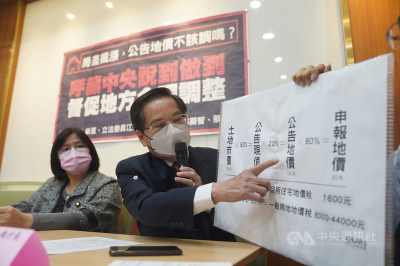 民間團體巢運與民進黨立委吳玉琴(左)等6日在立法院舉行「房產飆漲,公告地價不該調嗎?呼籲中央說到做到,督促地方合理調整」記者會,地政士公會全聯會榮譽理事長林旺根(右)出席。中央社記者徐肇昌攝 110年12月6日