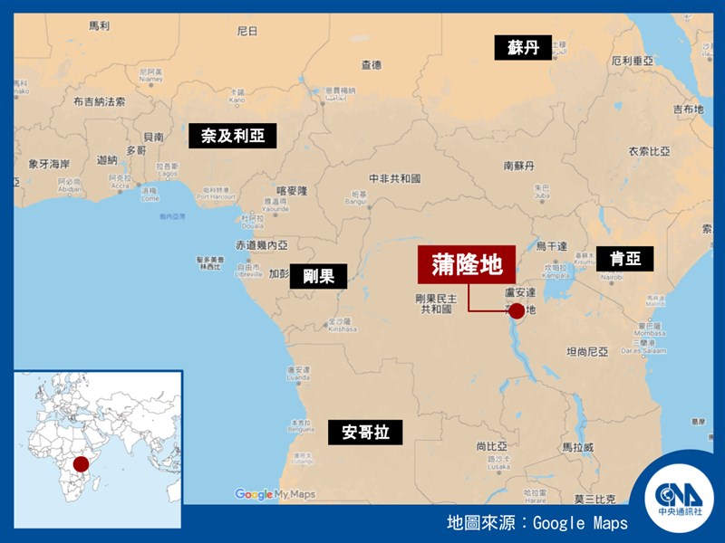 東非國家蒲隆地共和國首都吉特加一間人滿為患的監獄7日凌晨發生大火,事故造成38人死亡。(中央社製圖)