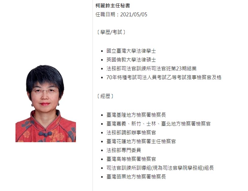 法務部7日公布將由主秘柯麗鈴接任司法官學院院長一職。(圖取自法務部網頁www.moj.gov.tw)