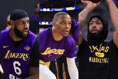 美國職籃NBA洛杉磯湖人7日在3巨頭詹姆斯(左)、衛斯布魯克(中)、戴維斯(右)聯手發威的情況下,在主場以117比102擊敗波士頓塞爾蒂克。(圖取自facebook.com/losangeleslakers)