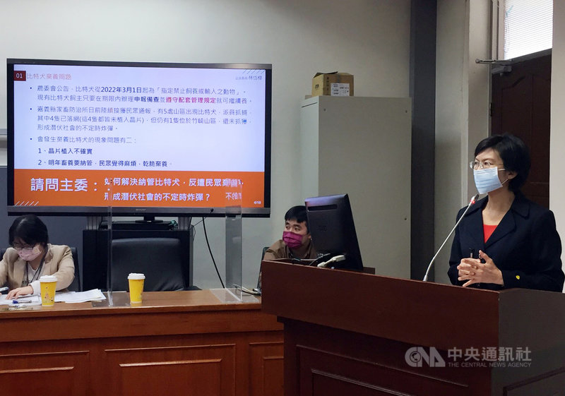 日前屏東發生3歲幼童遭大型比特犬咬死事件,民進黨籍立委林岱樺(右)認為農委會管理寵物未強制飼主申報,會有隱憂;要求主管機關須落實管理,並應對已棄養在外、沒植入晶片的潛在危險現況有所作為。中央社記者楊淑閔攝 110年12月9日