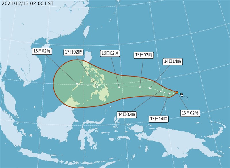 氣象專家吳德榮表示，預估颱風「雷伊」將於13日形成，從菲律賓東方海面進入南海。（圖取自中央氣象局網頁cwb.gov.tw）