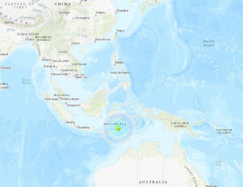 印尼氣象部門表示，東努沙登加拉省地區14日發生規模7.4強震。（圖取自美國地質調查所網頁earthquake.usgs.gov）