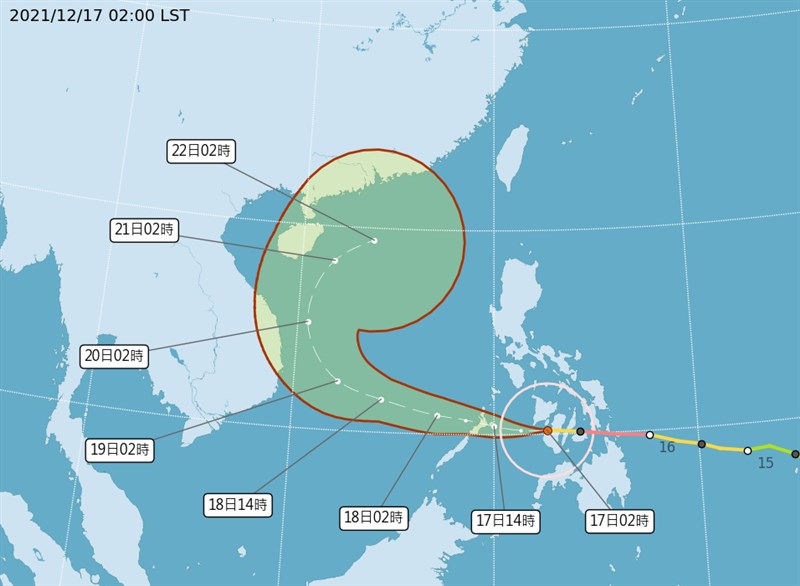 颱風雷伊17日清晨2時在鵝鑾鼻南方1340公里的位置,向西朝南海移動,進入南海後有往北的趨勢,並逐漸減弱。(圖取自中央氣象局網頁cwb.gov.tw)