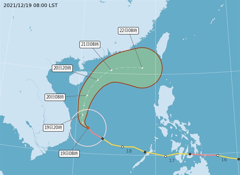 颱風雷伊預測路徑轉北逐漸靠近台灣，外圍及殘留的水氣將在週一至週三影響台灣。（圖取自氣象局網頁cwb.gov.tw）