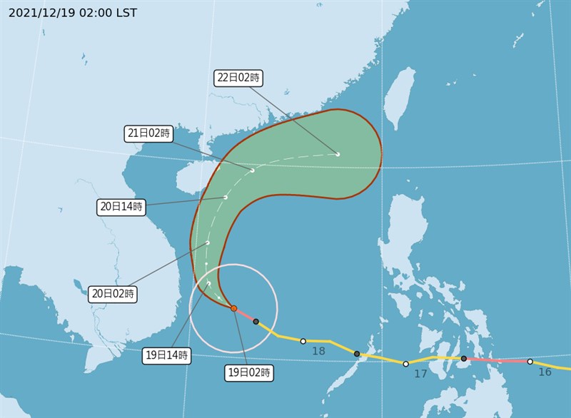 颱風雷伊19日凌晨2時的中心位於鵝鑾鼻西南方1400公里的海面上，朝西北轉北往東沙島海面進行，北轉之後強度將逐漸減弱。（圖取自中央氣象局網頁cwb.gov.tw）