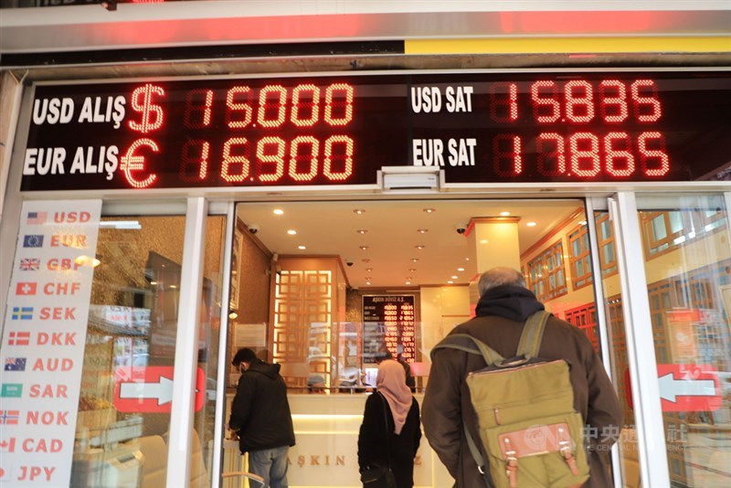 土耳其總統艾爾段推動以低利率為基調的「新經濟模式」實驗,欲徹底追求經濟獨立、擺脫高利率循環,投資人卻不青睞。圖為安卡拉巿一家換匯所。(中央社檔案照片)