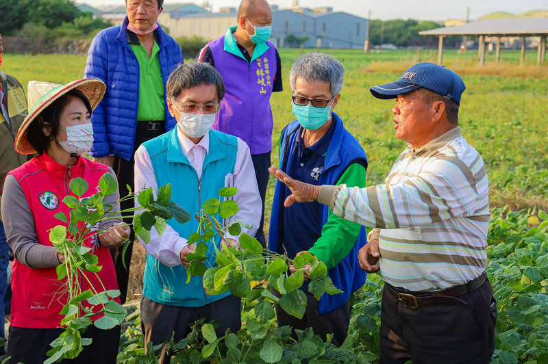 受氣候影響,屏東紅豆發生沒有結莢及蟲害情形嚴重,民進黨立委周春米(前左)表示,農委會21日通過農業天然災害現金救助及低利貸款的地區及項目,屏東縣紅豆農22日至31日可向鄉公所申請,呼籲有種植紅豆並且受天災影響收成的農民,儘速向公所申請,以利後續救助行政程序。(周春米服務處提供)中央社記者郭芷瑄傳真 110年12月21日