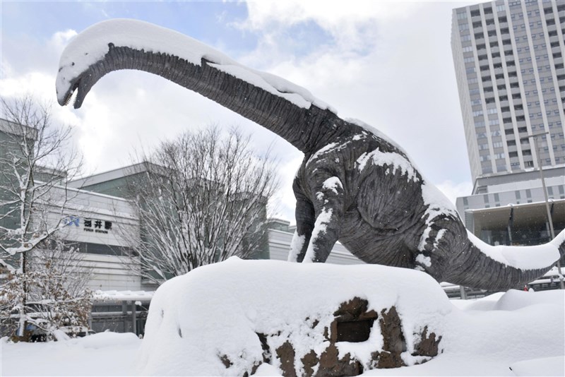 福井車站前的恐龍廣場被白雪覆蓋。（共同社）