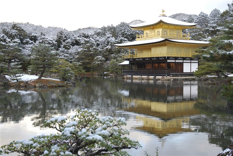 金閣寺屋緣覆蓋上白雪，呈現出「雪化妝」的夢幻美景。（共同社）