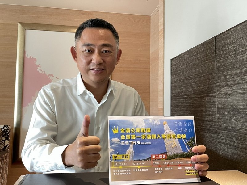 金門縣長楊鎮浯(圖)28日宣布,金門酒廠公司取得蒸餾酒及其他配製酒品的「在華註冊編號」,亦即金門高粱酒取得中國酒類許可證。(金門縣政府提供)中央社記者黃慧敏傳真 110年12月28日