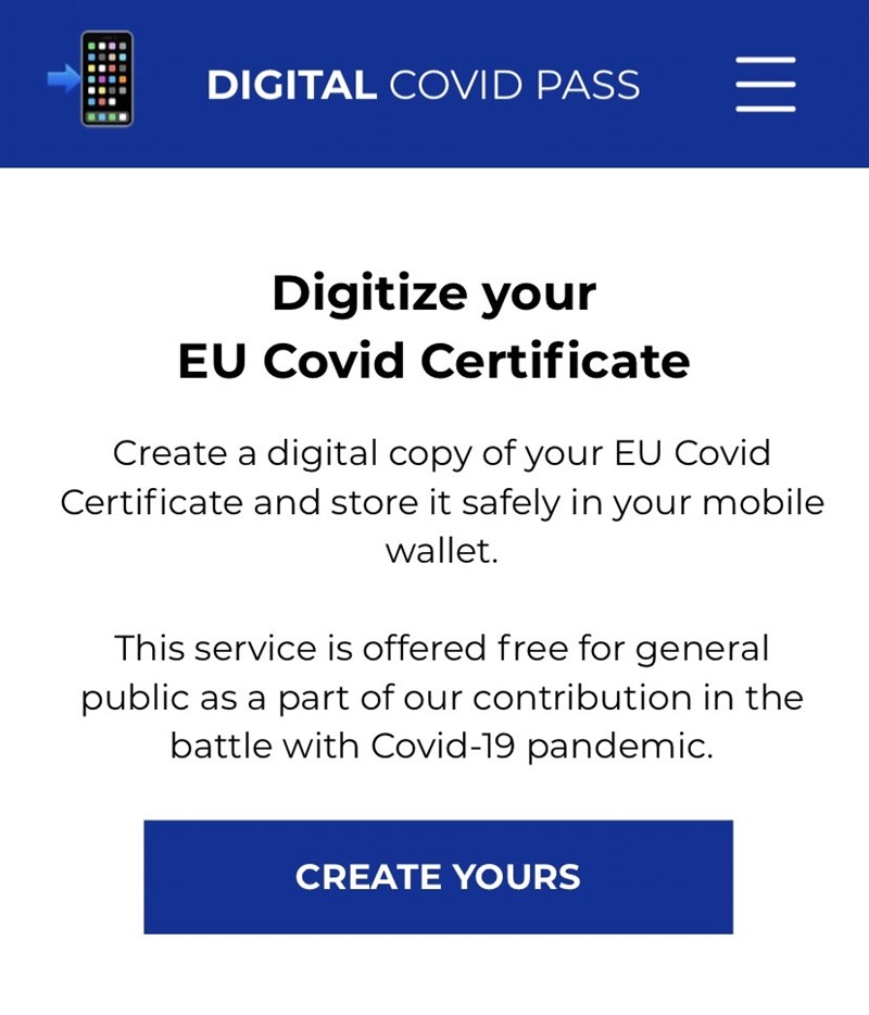 在DIGITAL Covid Pass網站上按下CREATE YOURS。（圖取自DIGITAL Covid Pass網頁getcovidpass.eu）