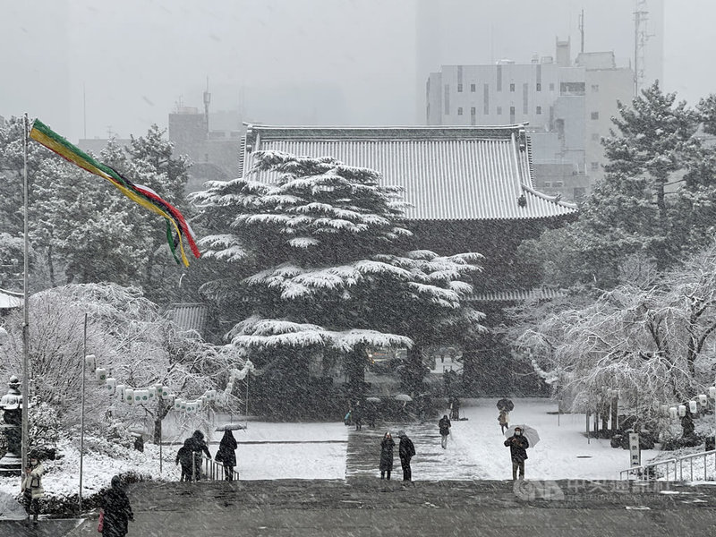 日本受低氣壓影響,6日上午關東地區與東京都等地紛紛降雪,氣象廳對東京都、埼玉、千葉、神奈川與靜岡各縣發布大雪注意報,預料到明天中午,東京23區將積雪達5公分。圖為雪中的東京景點增上寺。中央社記者楊明珠東京攝 111年1月6日