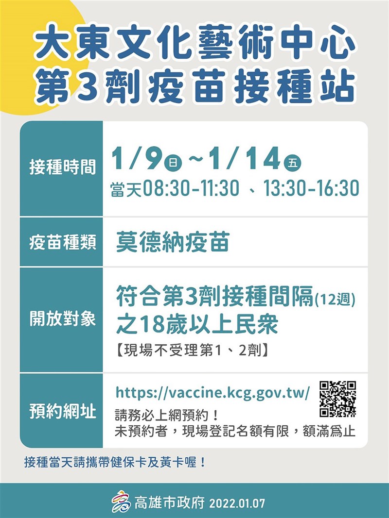 國內疫情出現升溫趨勢,高雄市衛生局8日宣布,自9日起到14日在大東文化藝術中心開設第3劑疫苗接種站,呼籲符合資格民眾儘速接種疫苗,提升保護力。(高雄市政府提供)中央社記者曾以寧傳真 111年1月8日