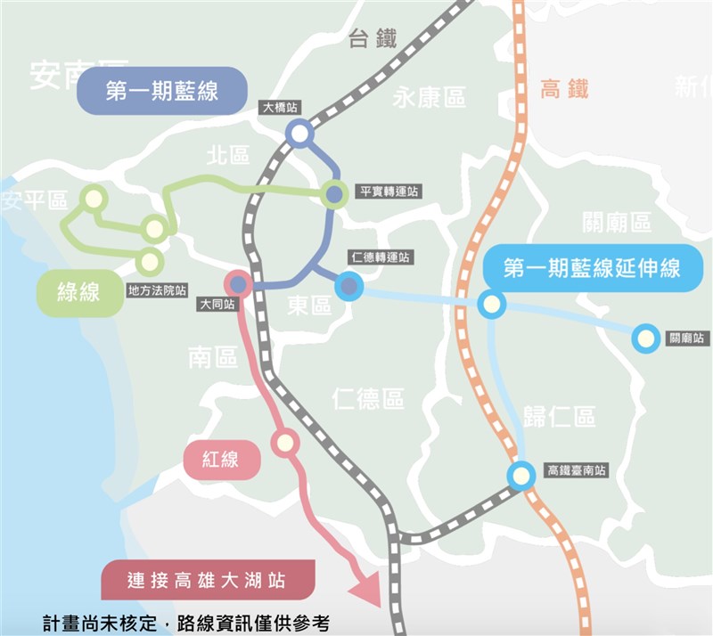 台南市政府初步規劃台南捷運第一期藍線延伸線，這條路線將有主線和支線，分別從仁德轉運站延伸到歸仁區和關廟區，沿線有15座車站。此為路線示意圖。 （台南市政府提供）中央社記者張榮祥台南傳真 111年1月8日