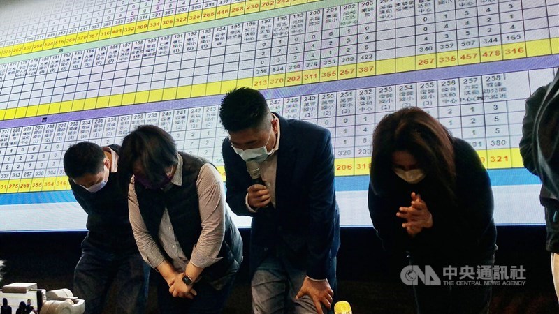 台中市第2選區立委補選9日投開票,國民黨籍候選人顏寬恒(右2)承認敗選,並鞠躬感謝支持者及競選團隊一路相挺。中央社記者趙麗妍攝 111年1月9日