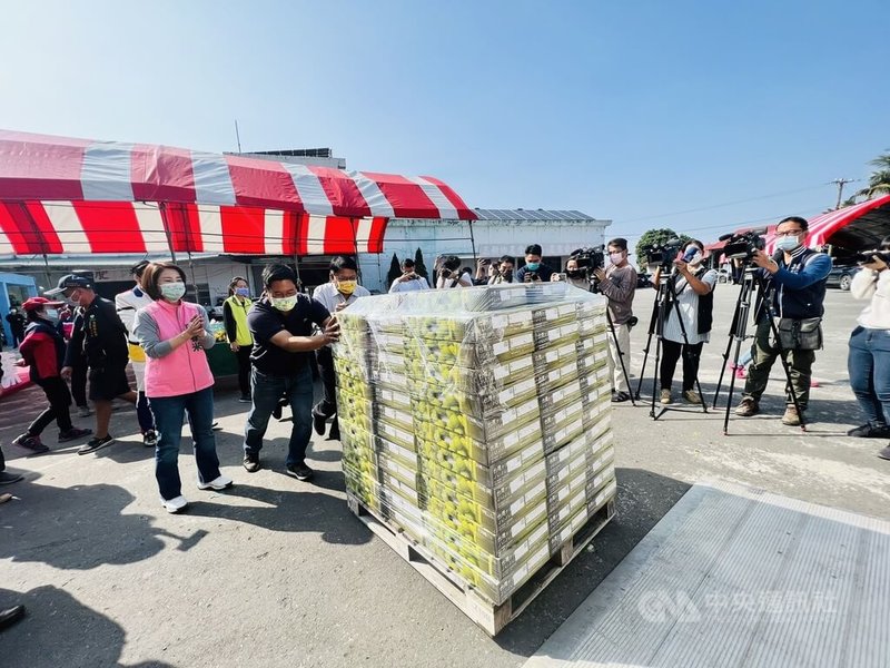 屏東蜜棗近年挑戰銷往檢疫難度相對高的日本市場，10日舉行外銷記者會，由屏東縣長潘孟安（前左3）、民進黨立委周春米（前左1）等人一同將蜜棗推上物流車。中央社記者李卉婷攝  111年1月10日