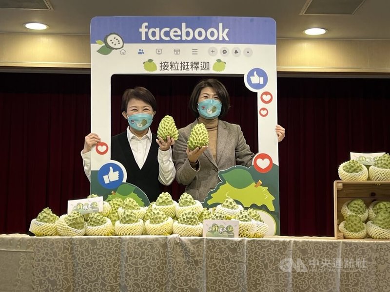台東鳳梨釋迦正值產期,過去以外銷為主,年產值近新台幣50億元,因受到COVID-19(2019冠狀病毒疾病)疫情及中國大陸禁止台灣釋迦進口影響,台東縣長饒慶鈴(右)11日與台中市長盧秀燕(左)合體促銷。中央社記者郝雪卿攝 111年1月11日