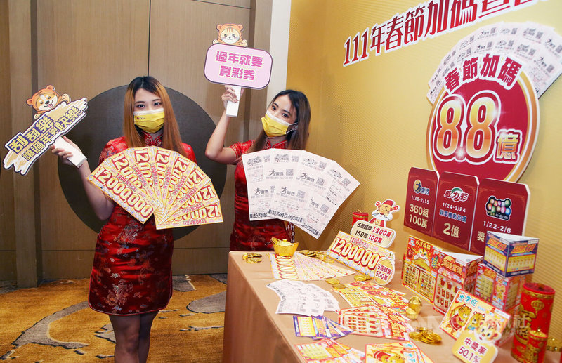 台彩春節加碼內容11日揭曉,重頭戲大樂透頭獎將從1月28日起連開15天,並增開360組獎金百萬元的「春節大紅包」;威力彩、賓果賓果也將加碼,加碼總獎金上看新台幣8.8億元,為近5年新高。中央社記者郭日曉攝 111年1月11日