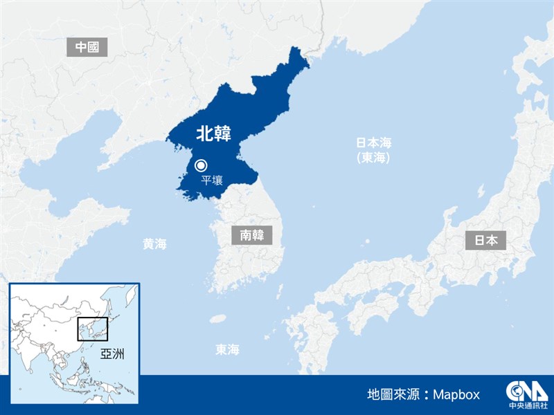 韓國合同參謀本部表示，北韓25日朝東部海域發射3枚彈道飛彈。（中央社製圖）