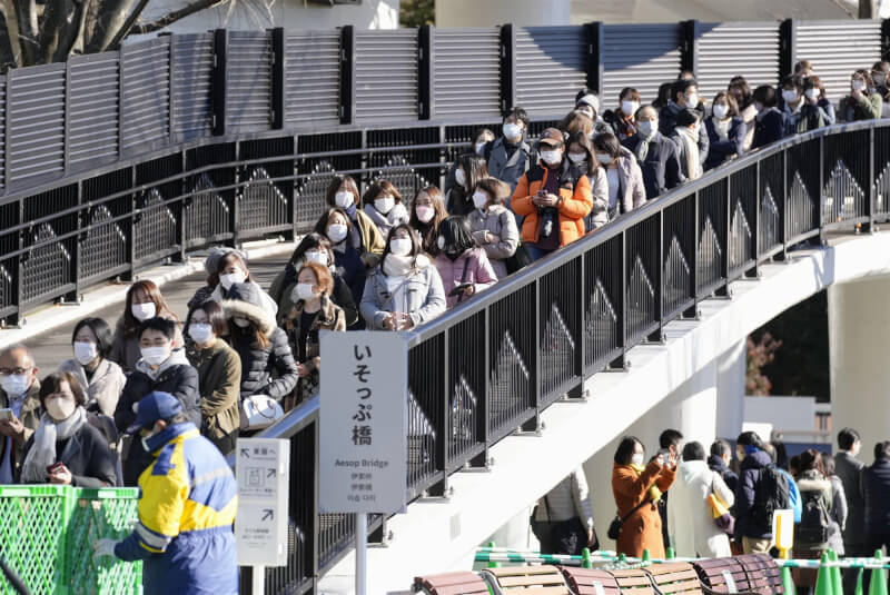 日本COVID -19疫情升溫,包括東京等首都圈1都3縣以及愛知縣等共13都向中央政府申請適用「防止蔓延等重點措施」,提升防疫層級。圖為東京民眾排隊參觀上野動物園。(共同社)