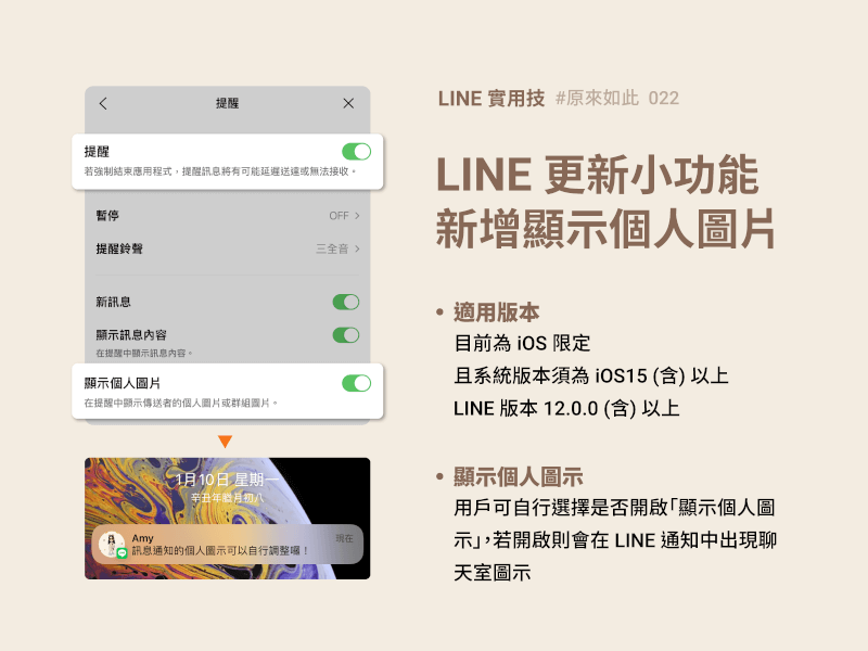 LINE用戶可從LINE主頁右上角「設定」進入「提醒」,自行選擇開啟或關閉「顯示個人圖片」。(圖取自LINE台灣官方Blog網頁official-blog-tw.line.me)
