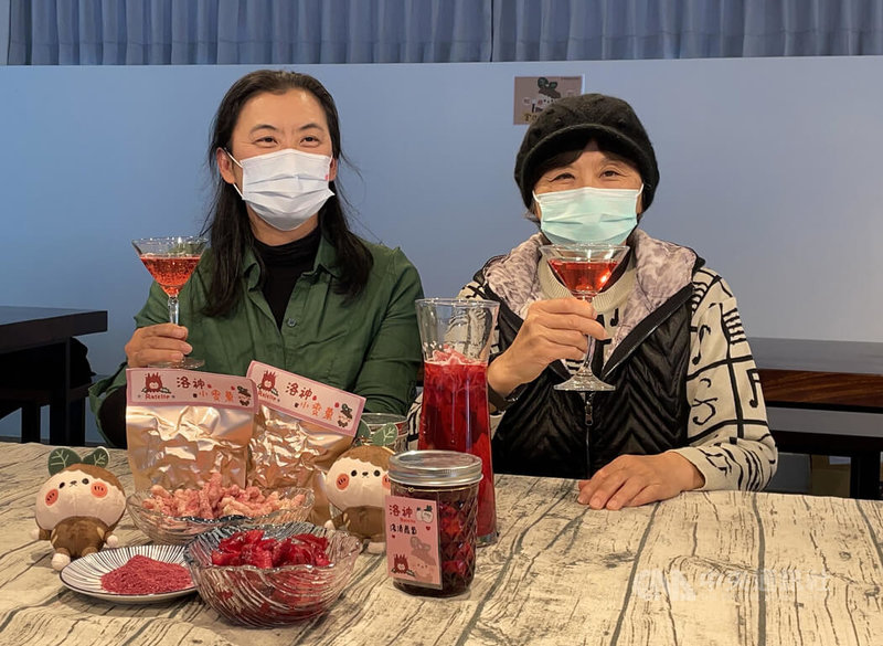 金門農業試驗所以在地農產小麥和洛神花研發創意零嘴「洛神小麥菓」,以及結合洛神花醬與蘿蔔醃漬成的「洛神淺漬蘿蔔」,農試所長楊慧明(右)和金門大學食品科學系副教授李欣玫(左)16日介紹產品特色。 中央社記者黃慧敏攝 111年1月16日