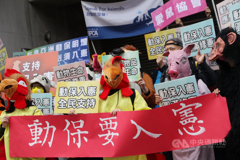動保團體17日上午在立法院外舉行記者會,抗議「動保入憲」在立院修憲委員會公聽會再度「被缺席」,各界代表以動物造型裝扮為動物發聲,呼籲尊重動物的生命尊嚴,立法保護動物福利。中央社記者裴禛攝 111年1月17日