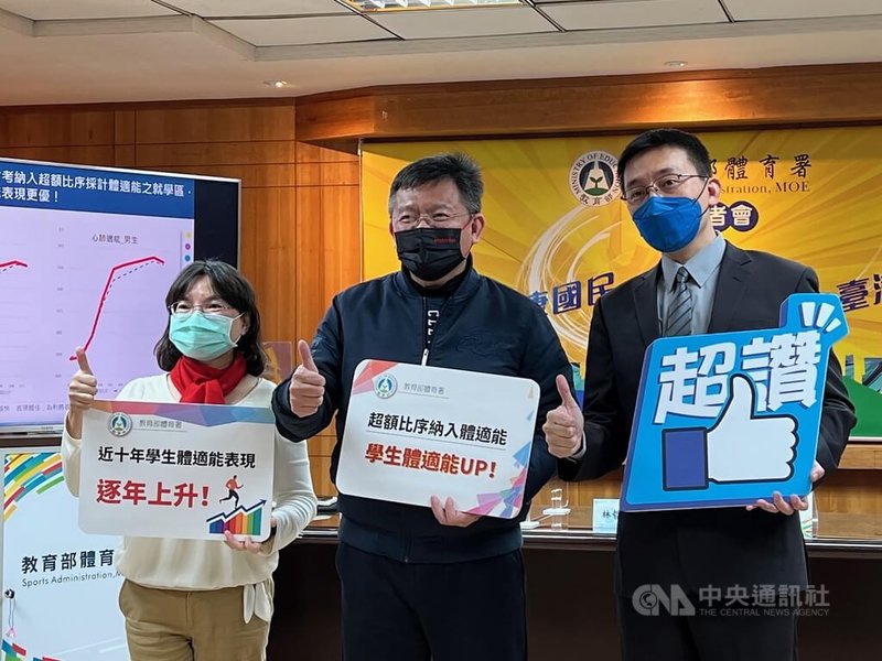 體育署20日公布1份高中以下學生健康體適能數據,副署長林哲宏(中)表示,學生體適能表現有逐年上升趨勢,又以心肺適能的表現增幅最大,代表學生逐漸養成運動習慣。中央社記者黃巧雯攝 111年1月20日