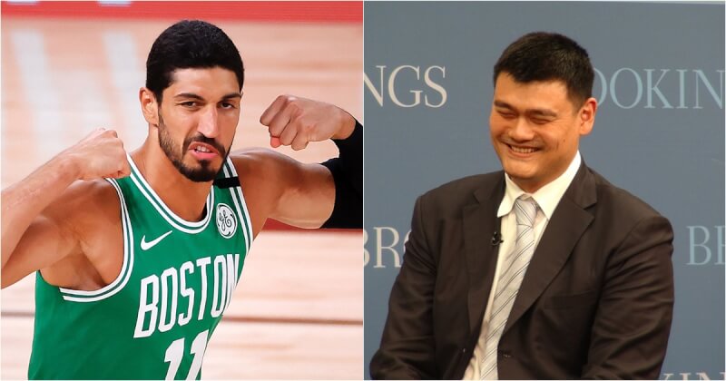 NBA球星坎特(左)表示會接受姚明(右)邀請訪問中國,只要他能見到「真正的中國」,而非「宣傳」。(左圖取自twitter.com/celtics,右圖中央社檔案照片)