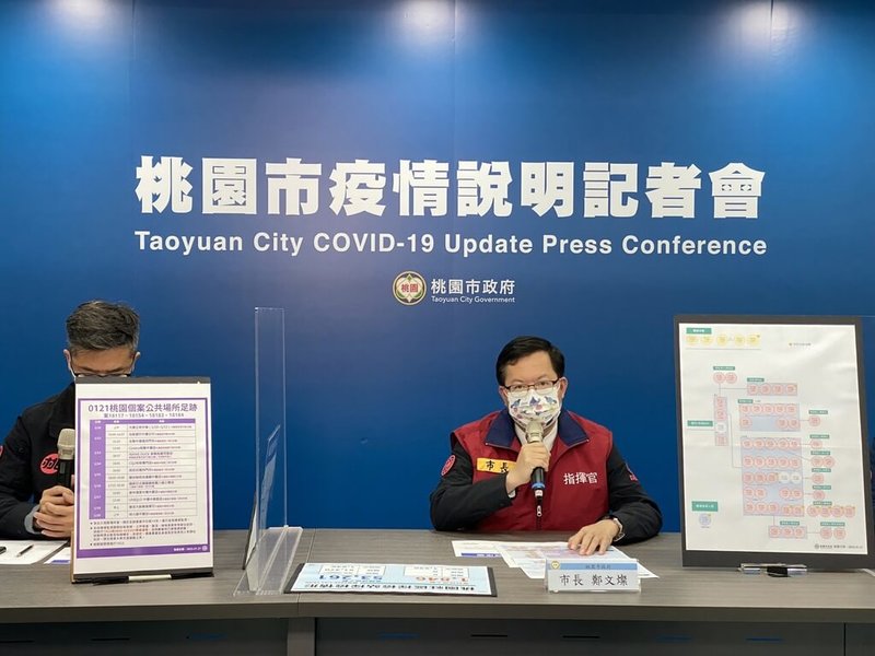 桃園市21日新增10例本土個案,市長鄭文燦(右)下午主持疫情記者會,說明個案及相關採檢狀況。(桃園市政府提供)中央社記者葉臻傳真 111年1月21日