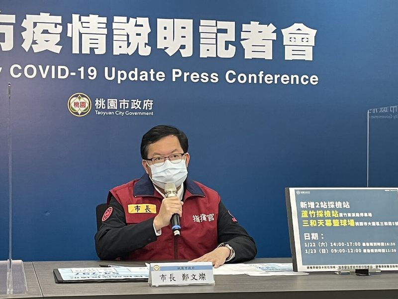 國內疫情持續延燒,桃園市長鄭文燦(圖)22日召開臨時疫情記者會表示,桃園本日新增本土病例66人,除亞旭電腦廠的64人,另有1例是先前染疫居服員的家庭、隔離期滿確診、1例則為感染源不明的20多歲女性。(桃園市政府提供)中央社記者葉臻傳真 111年1月22日