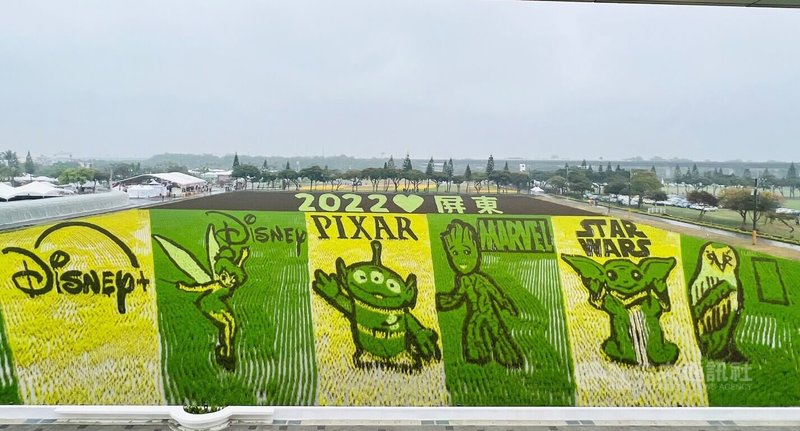 屏東熱帶農業博覽會22日開幕,今年取得台灣華特迪士尼公司圖像授權,首度集結旗下「迪士尼、皮克斯、漫威、星際大戰、國家地理」的經典綠色角色呈現在彩色稻田中。中央社記者李卉婷攝 111年1月22日