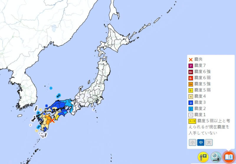 日本宮崎縣東部外海的日向灘22日凌晨發生規模6.6地震。（圖取自日本氣象廳網頁jma.go.jp）