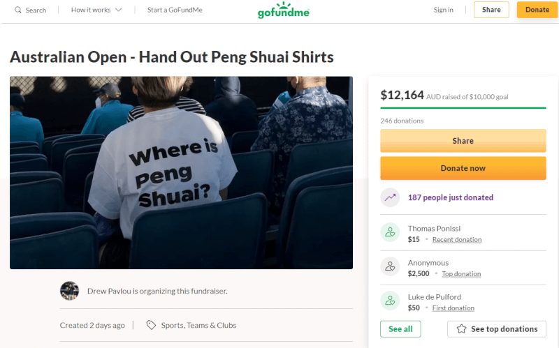 民眾在眾籌平台上發起募捐製作「彭帥在哪裡」的T恤。(圖取自GoFundMe網頁gofundme.com)