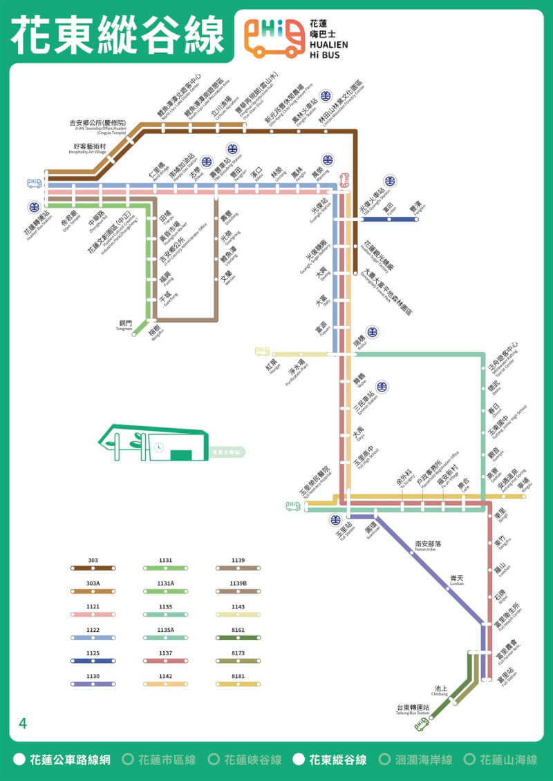 花蓮縣內公路大眾運輸工具選擇包括國道、公路及市區客運等,縣府整合各客運路線規劃4大路網圖,各車次按顏色區分,路線規劃及轉乘方式更易懂。圖為花蓮縱谷線路網圖。(花蓮縣政府提供)中央社記者張祈傳真 111年1月25日