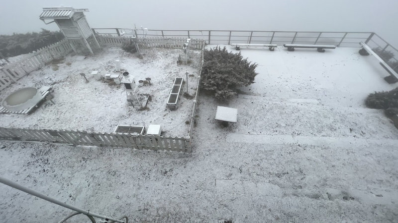 中央氣象局25日表示,玉山氣象站於清晨6時30分至7時下雪,稍停後於7時25分再度飄雪;地面一片雪白景象。(中央氣象局提供)中央社記者張雄風傳真 111年1月25日