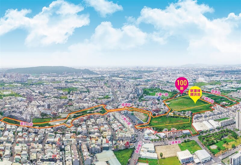 高雄市「第100期市地重劃區暨草潭埤滯洪池」工程27日開工,預計2年後完工,將設置可蓄水7.5萬噸滯洪池。(高雄市政府提供)中央社記者曾以寧傳真 111年1月27日
