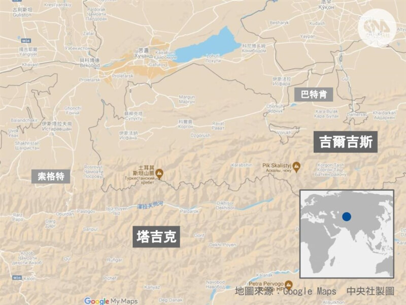 塔吉克和鄰國吉爾吉斯爆發邊界衝突,雙方目前已停火。(中央社製圖)