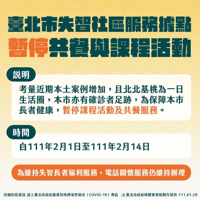 北市副市長黃珊珊28日表示,針對COVID-19變種病毒進行2.5級加強管制,失智社區服務據點與社區照顧關懷據點,共餐暫停到2月14日。(台北市政府提供)