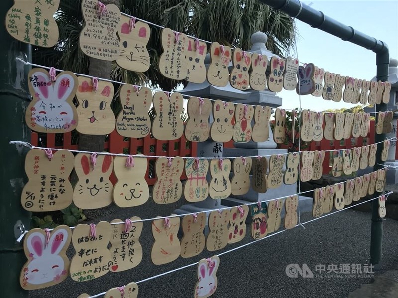 相傳兔子是鵜戶神宮神明的使者,圖為日本鵜戶神宮兔子造型的繪馬(許願牌)。中央社記者楊明珠宮崎攝 111年2月1日