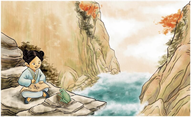 謝守善試圖在英文繪本「18缸水」中呈現當時的文化背景,包括東晉時代席地而坐、握筆用硯的文化細節。(謝守善提供)中央社記者周世惠舊金山傳真 111年2月6日