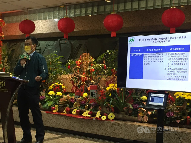農委會主委陳吉仲7日公布補貼雞蛋生產成本等價量穩定措施，每台斤補貼新台幣3元，將實施至2月底，減輕農民負擔，也將從澳、日、美進口10萬箱以上。中央社記者楊淑閔攝  111年2月7日
